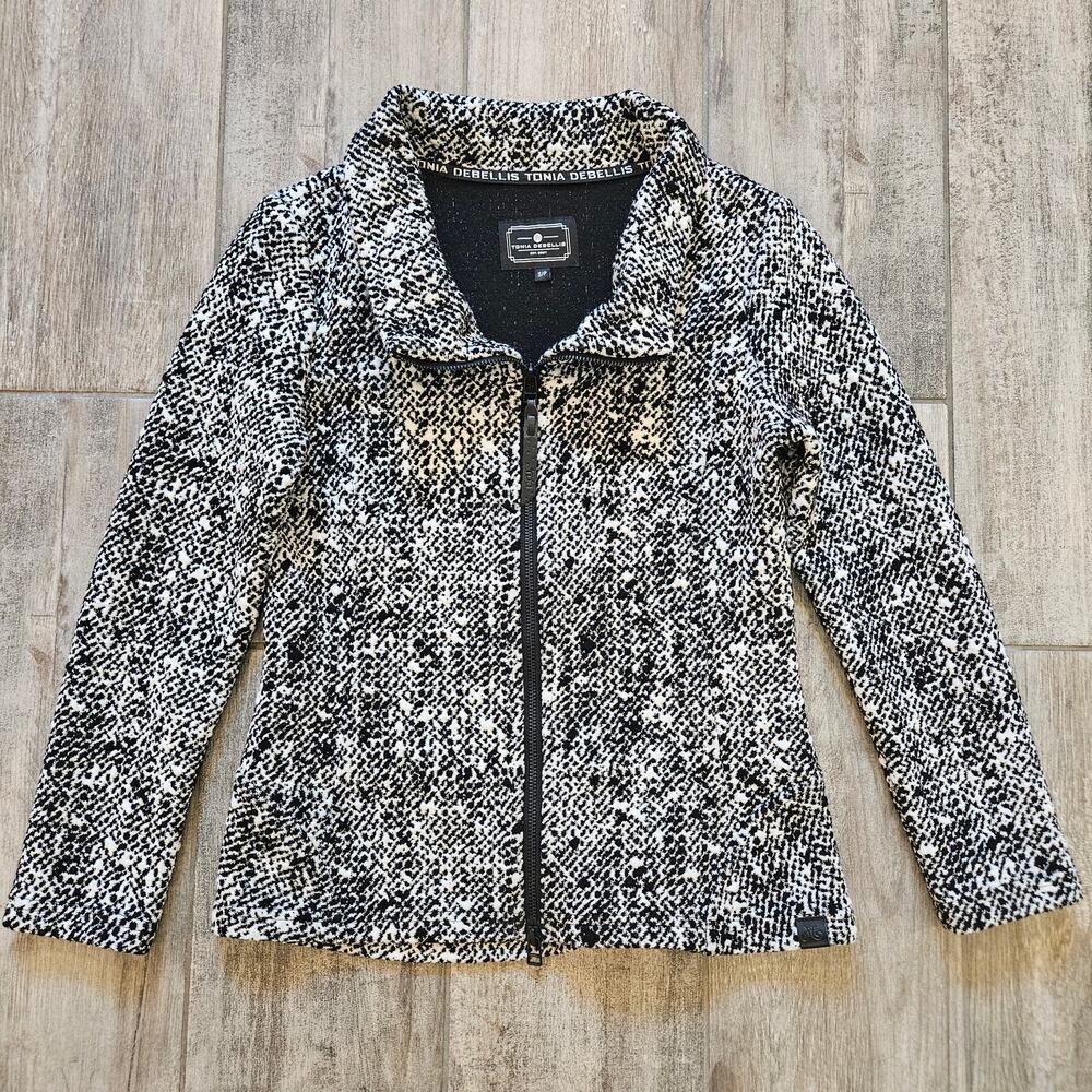 Tonia Debellis‎ Jacket Womens S Black White Zip Up Knit Textured Athleisure Fall